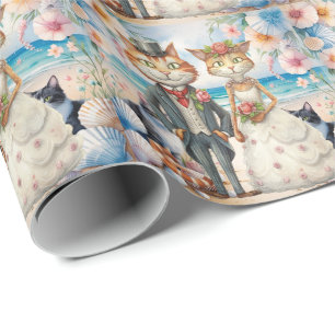 Cat Wedding with Bride and Groom beach themed Wrapping Paper
