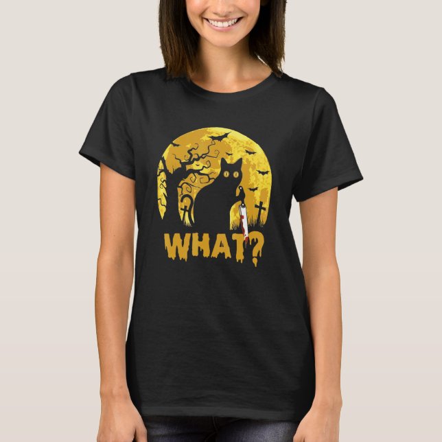 Cat Wha Black Cat With Knife Killer Halloween 1 T-Shirt (Front)