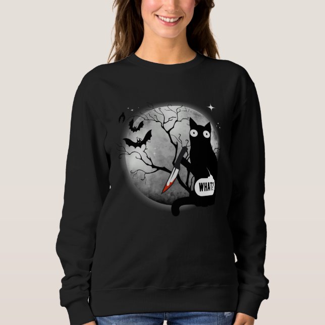 Cat What Assassin Murderous Cat & Knife Halloween Sweatshirt (Front)