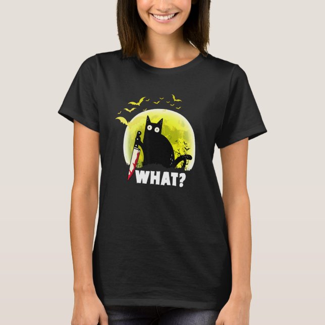 Cat What   Black Ca   Murderous Cat With Knife T-Shirt (Front)