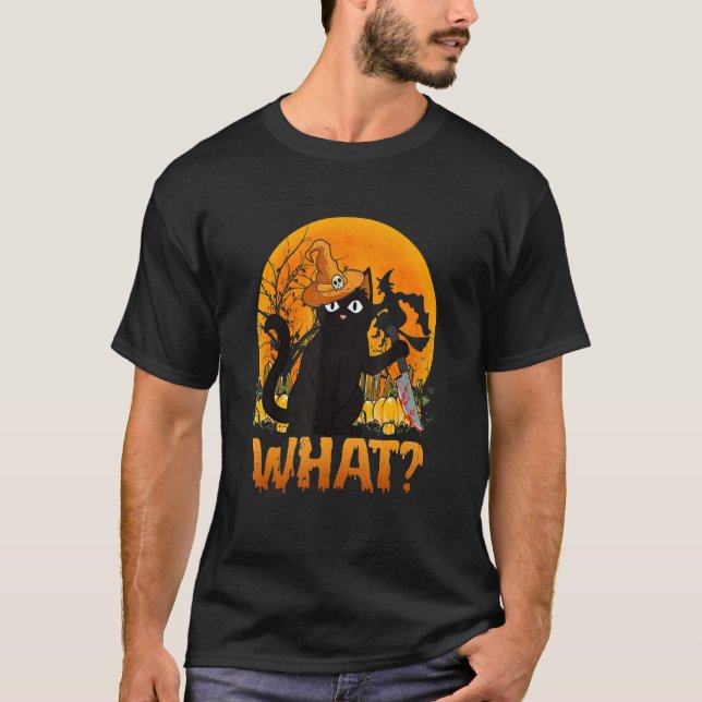 Cat What Black Cat With Knife Halloween Costume T-Shirt (Front)