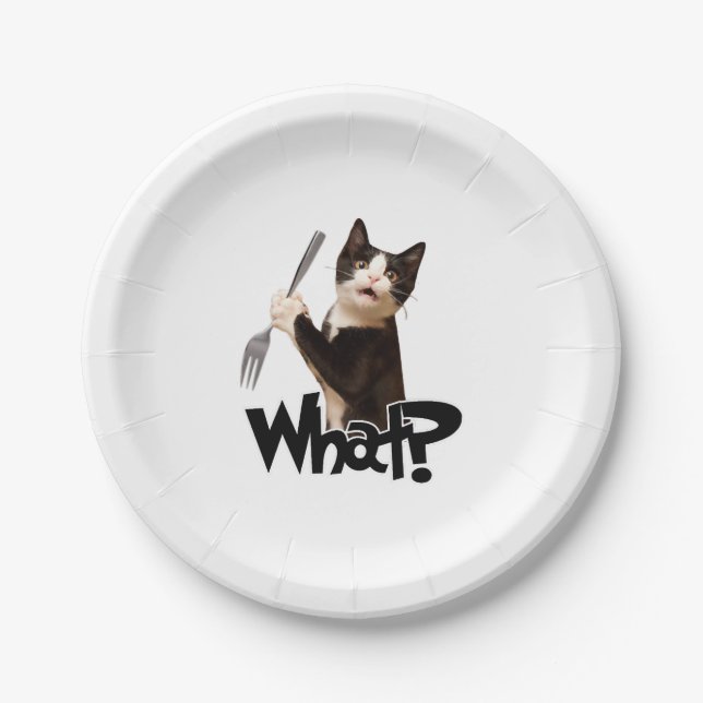 Cat What Funny Black Cat, Cat With Fork Paper Plate (Front)