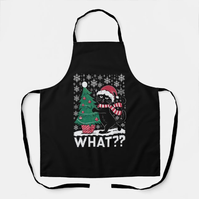 Cat What Funny Black Cat Pushing Christmas Tree  Apron (Front)