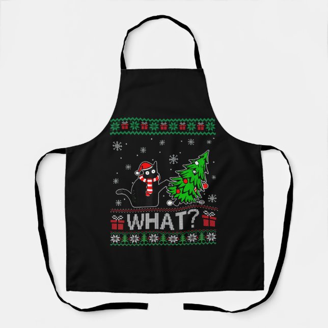 Cat What Funny Black Cat Pushing Christmas Tree Apron (Front)