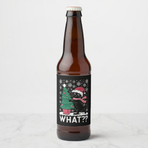 Cat What Funny Black Cat Pushing Christmas Tree  Beer Bottle Label