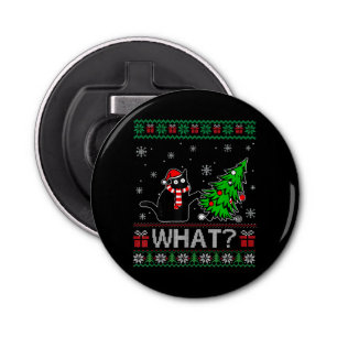 Cat What Funny Black Cat Pushing Christmas Tree Bottle Opener
