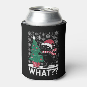Cat What Funny Black Cat Pushing Christmas Tree  Can Cooler