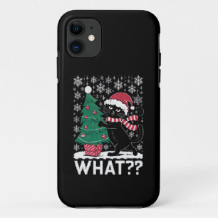 Cat What Funny Black Cat Pushing Christmas Tree iPhone 11 Case