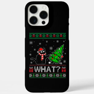 Cat What Funny Black Cat Pushing Christmas Tree iPhone 16 Pro Max Case