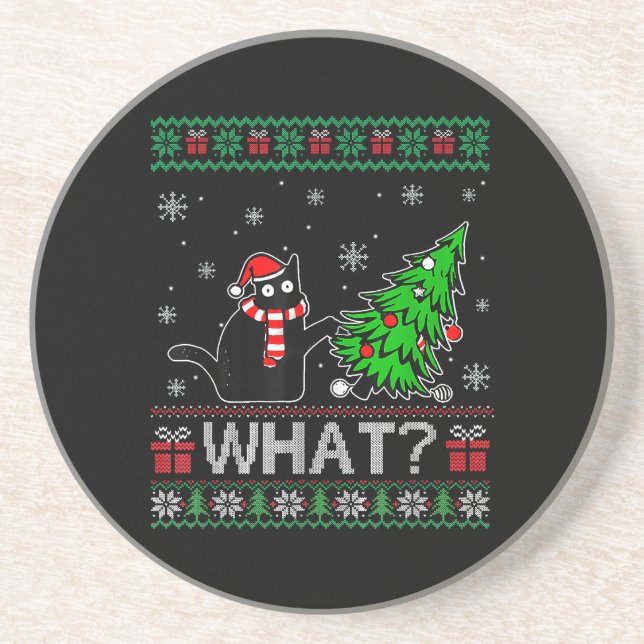 Cat What Funny Black Cat Pushing Christmas Tree Coaster (Front)