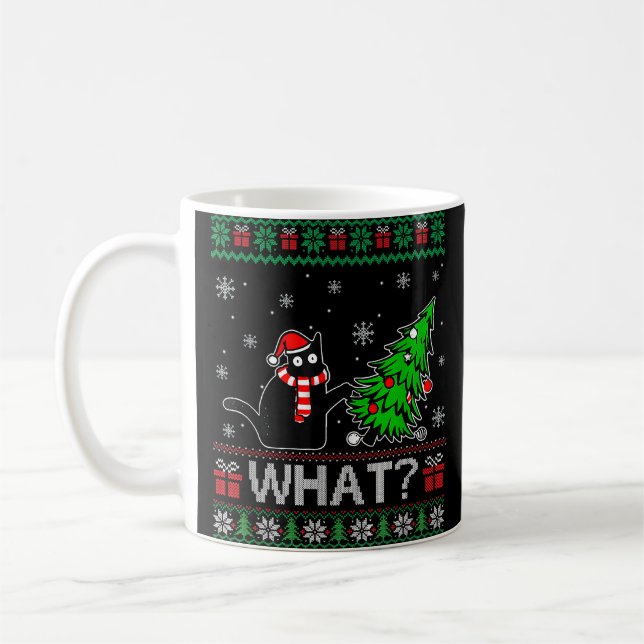 Cat What Funny Black Cat Pushing Christmas Tree Coffee Mug (Left)