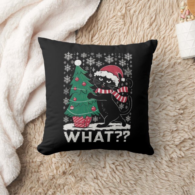 Cat What Funny Black Cat Pushing Christmas Tree  Cushion (Blanket)