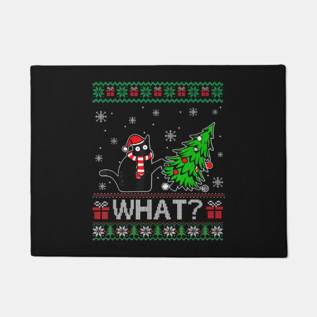 Cat What Funny Black Cat Pushing Christmas Tree Doormat (Front)