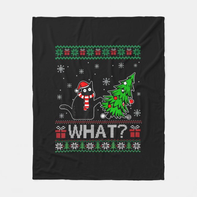 Cat What Funny Black Cat Pushing Christmas Tree Fleece Blanket (Front)