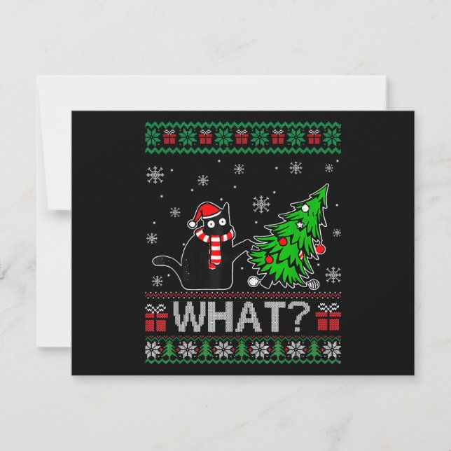 Cat What Funny Black Cat Pushing Christmas Tree Holiday Card (Front)