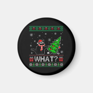 Cat What Funny Black Cat Pushing Christmas Tree Magnet