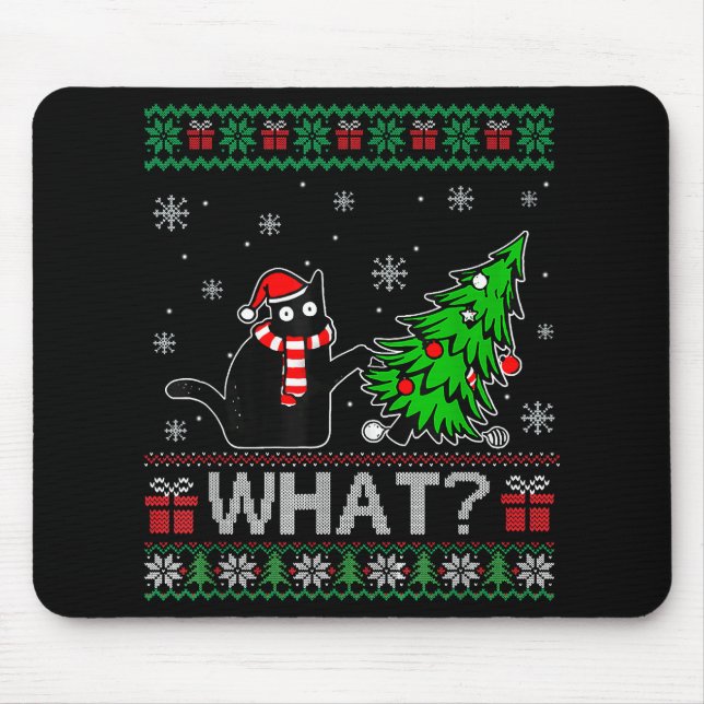 Cat What Funny Black Cat Pushing Christmas Tree Mouse Pad (Front)