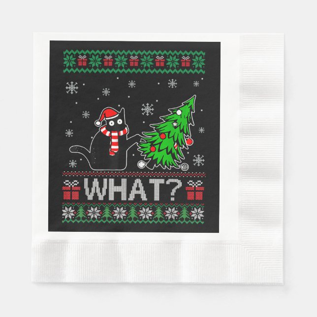 Cat What Funny Black Cat Pushing Christmas Tree Napkin (Front)