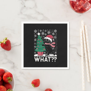 Cat What Funny Black Cat Pushing Christmas Tree Napkin