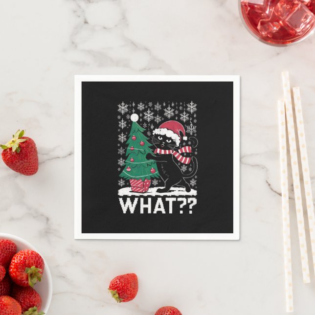 Cat What Funny Black Cat Pushing Christmas Tree  Napkin (Insitu)