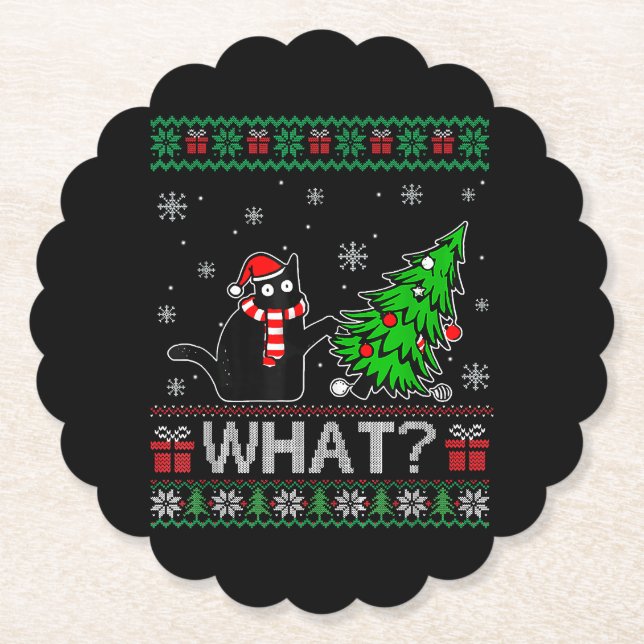 Cat What Funny Black Cat Pushing Christmas Tree Paper Coaster (Front)