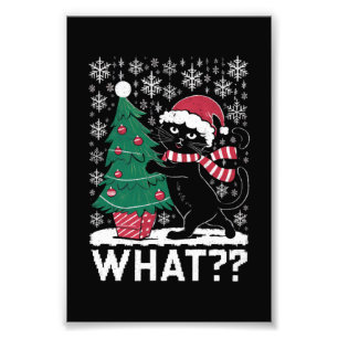 Cat What Funny Black Cat Pushing Christmas Tree  Photo Print