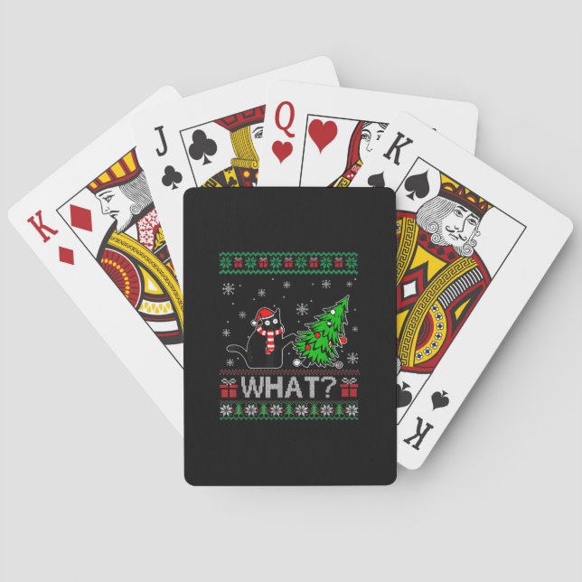 Cat What Funny Black Cat Pushing Christmas Tree Playing Cards (Back)