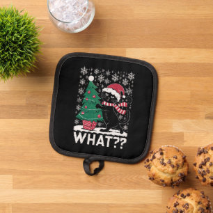 Cat What Funny Black Cat Pushing Christmas Tree Pot Holder