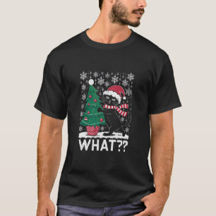 Cat What Funny Black Cat Pushing Christmas Tree T-Shirt