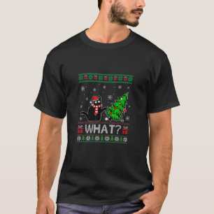 Cat What Funny Black Cat Pushing Christmas Tree T-Shirt