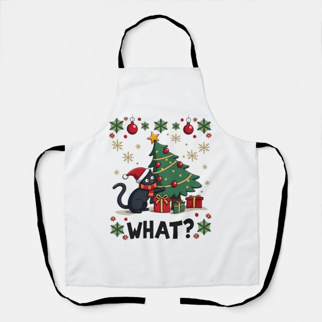 Cat What Funny Black Cat Pushing Christmas Tree Ug Apron (Front)