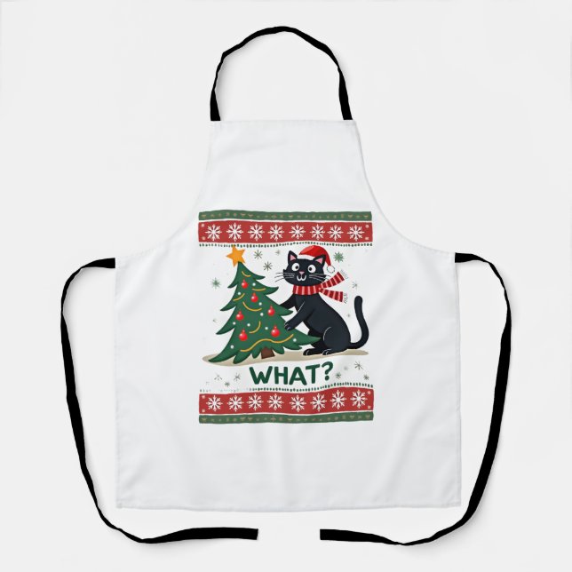 Cat What Funny Black Cat Pushing Christmas Tree Ug Apron (Front)