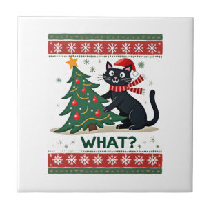 Cat What Funny Black Cat Pushing Christmas Tree Ug Ceramic Tile