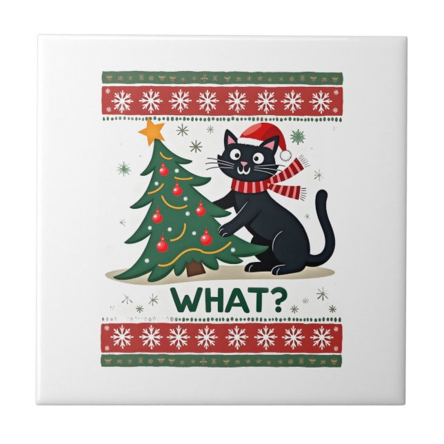 Cat What Funny Black Cat Pushing Christmas Tree Ug Ceramic Tile (Front)