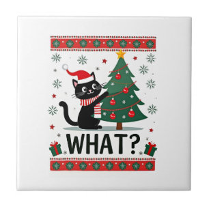 Cat What Funny Black Cat Pushing Christmas Tree Ug Ceramic Tile