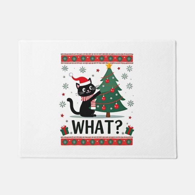 Cat What Funny Black Cat Pushing Christmas Tree Ug Doormat (Front)