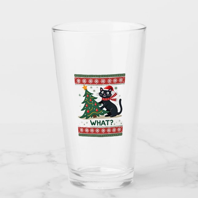 Cat What Funny Black Cat Pushing Christmas Tree Ug Glass (Front)