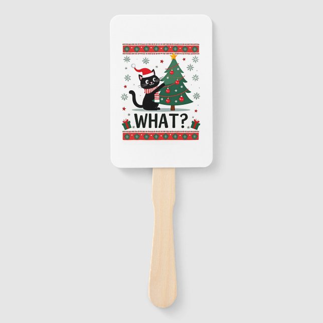 Cat What Funny Black Cat Pushing Christmas Tree Ug Hand Fan (Front)