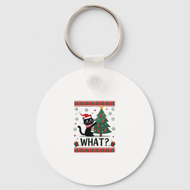 Cat What Funny Black Cat Pushing Christmas Tree Ug Key Ring (Front)