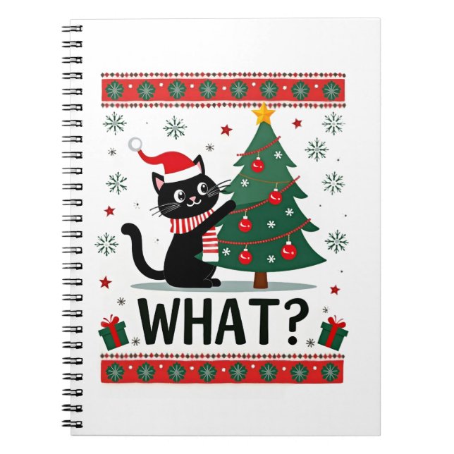Cat What Funny Black Cat Pushing Christmas Tree Ug Notebook (Front)