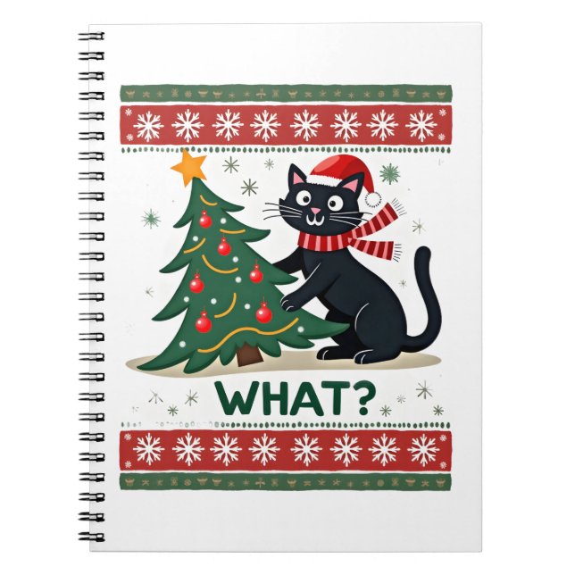 Cat What Funny Black Cat Pushing Christmas Tree Ug Notebook (Front)