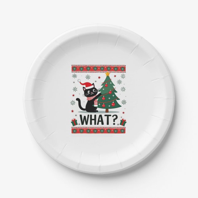 Cat What Funny Black Cat Pushing Christmas Tree Ug Paper Plate (Front)