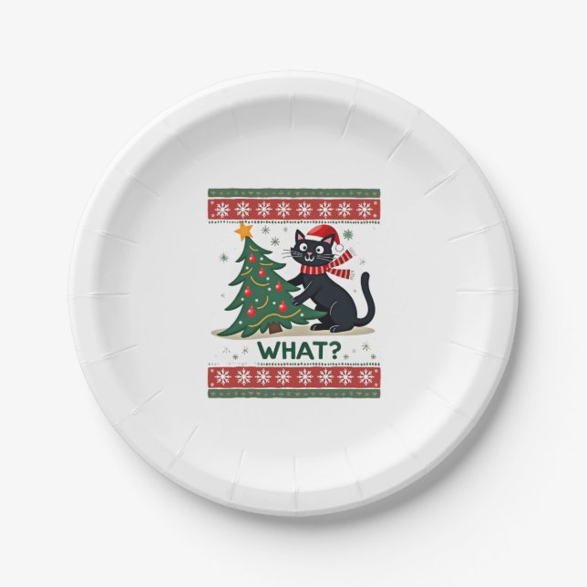 Cat What Funny Black Cat Pushing Christmas Tree Ug Paper Plate (Front)