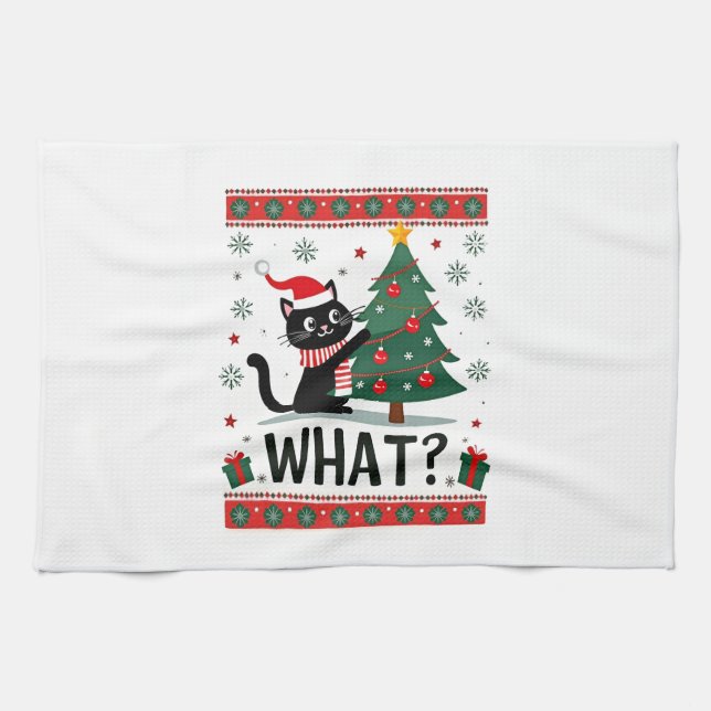 Cat What Funny Black Cat Pushing Christmas Tree Ug Tea Towel (Horizontal)
