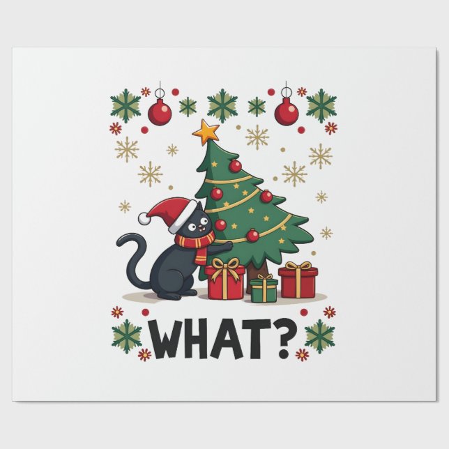 Cat What Funny Black Cat Pushing Christmas Tree Ug Wrapping Paper (Flat)