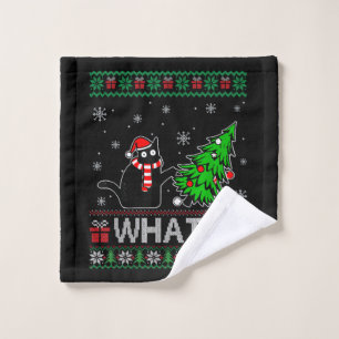 Cat What Funny Black Cat Pushing Christmas Tree Wash Cloth