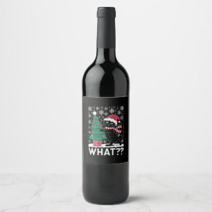 Cat What Funny Black Cat Pushing Christmas Tree Wine Label