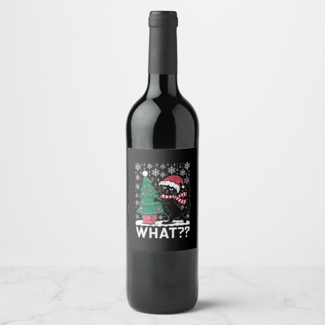 Cat What Funny Black Cat Pushing Christmas Tree  Wine Label (Front)