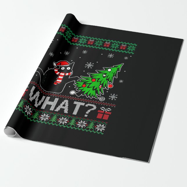 Cat What Funny Black Cat Pushing Christmas Tree Wrapping Paper (Unrolled)