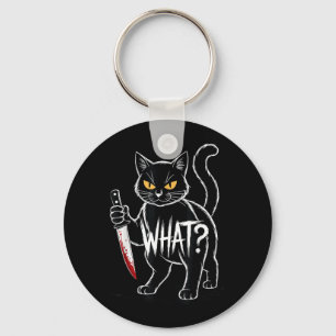 Cat What_ Funny Black Cat With Knife Halloween Key Ring